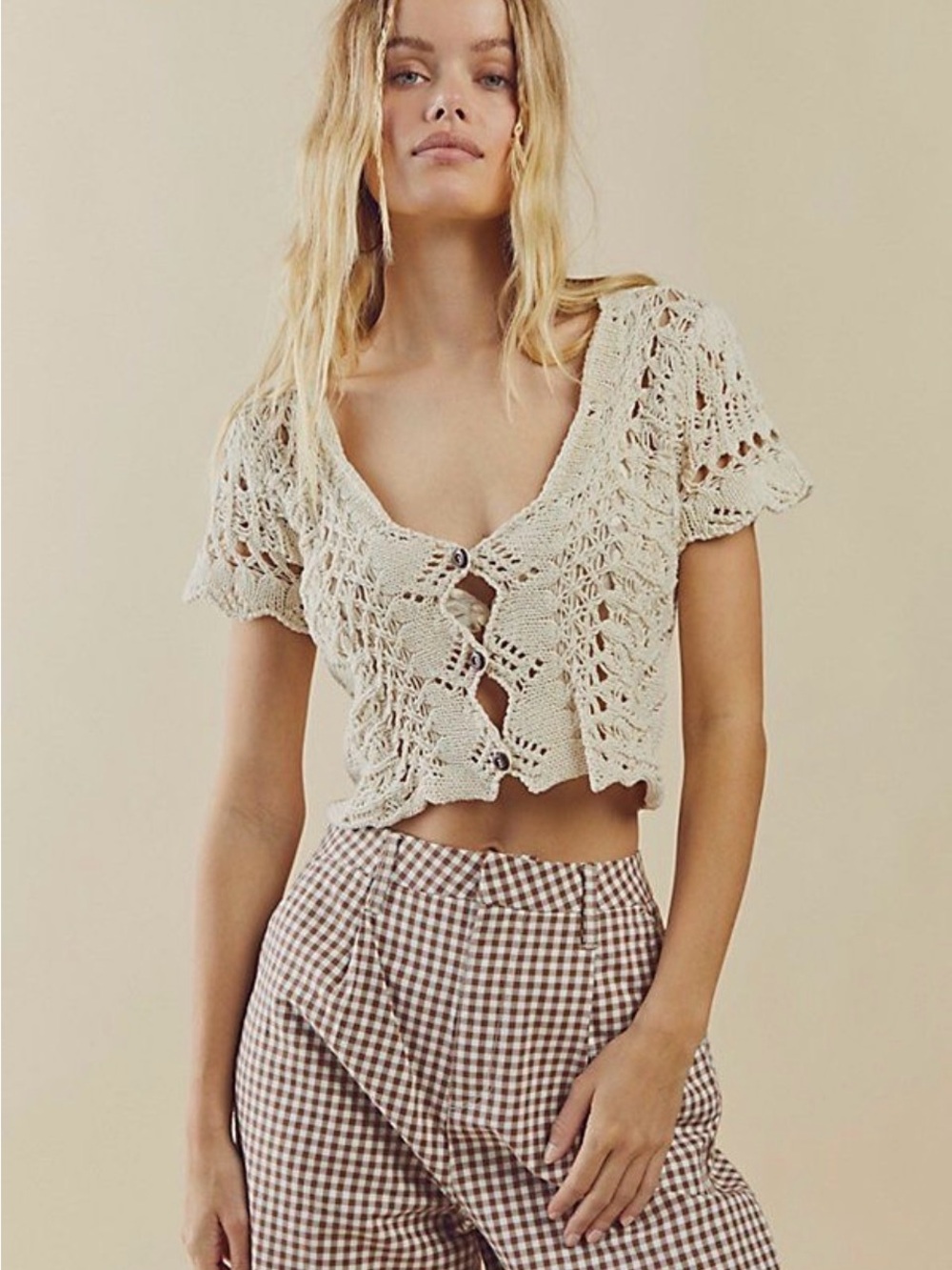 NWT Free People Jilly Cardi Open Knit Crochet Cardigan in Tea Size Medium